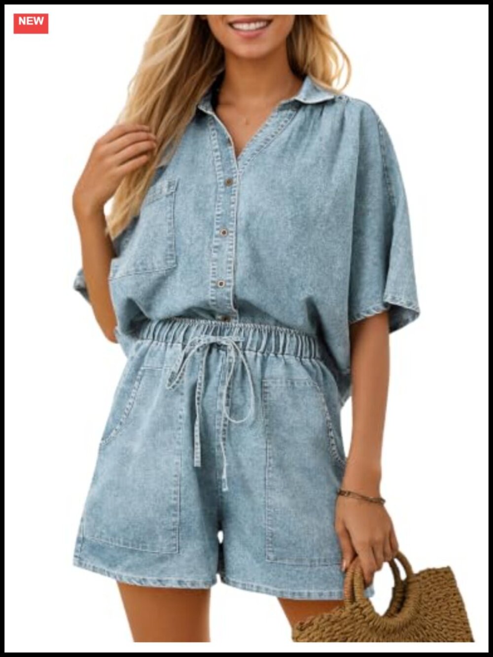 Denim 2 Piece Outfit Summer Short Sleeve Crop Top Jean Shorts Set